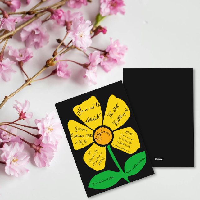Svart 60:e födelsedag Guld Doodle Flower Inbjudningar (Skapare uppladdad)
