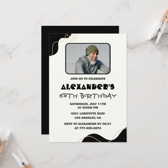 Svart 65e-födelsedagsinbjudningar Manar Simple Pho Inbjudningar (Fram/Back In Situ)