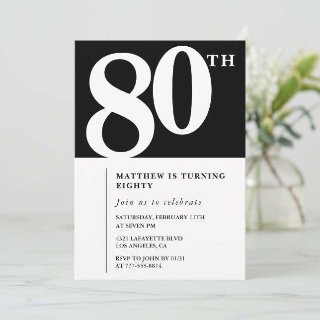 Svart 80-års inbjudan Elegant Chic Enkel (Stående Fram)