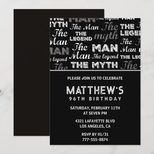 Svart 96-årsinbjudan Man Myth Legend Inbjudningar (Fram/baksida)