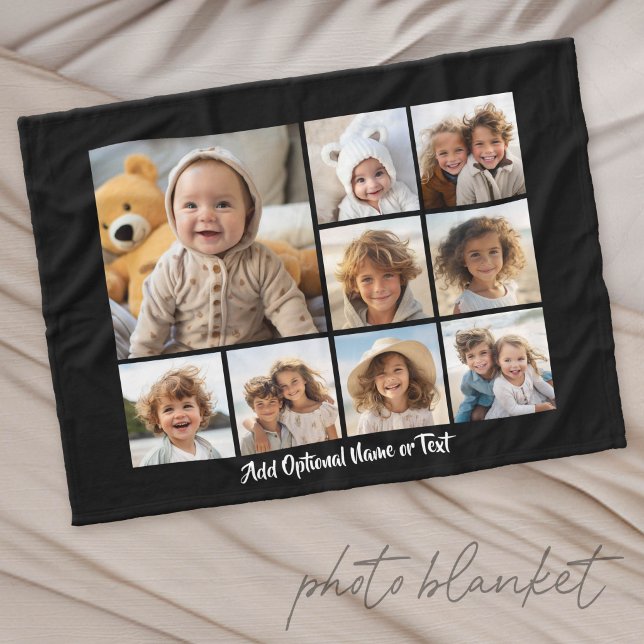 Svart 9 Foto Fyrkantig Kollaaj - med vitt script Fleecefilt (Custom Photo Blanket with Lots of Photos)