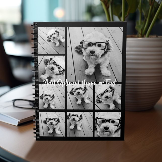 Svart 9-foto-fyrkantsfärg - med skript vitt anteckningsbok (Personalized notebook with photos and text)