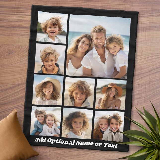Svart 9-foto-fyrkantsfärg - med skript vitt fleecefilt (Personalized Fleece Blanket - Add Photos and Text or Customize completely in advanced design area)