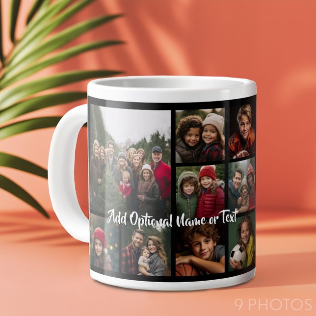 Svart 9-foto-fyrkantsfärg - med skript vitt jumbo mugg (Add 9 photos to this personalized coffee mug.)
