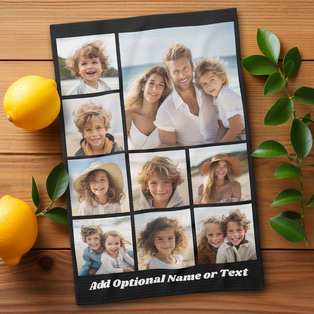 Svart 9-foto-fyrkantsfärg - med skript vitt kökshandduk (Custom kitchen towel - photo collage)