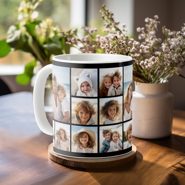 Svart 9-foto-kvadratisk kollage kaffemugg (Personalized Coffee Mug)