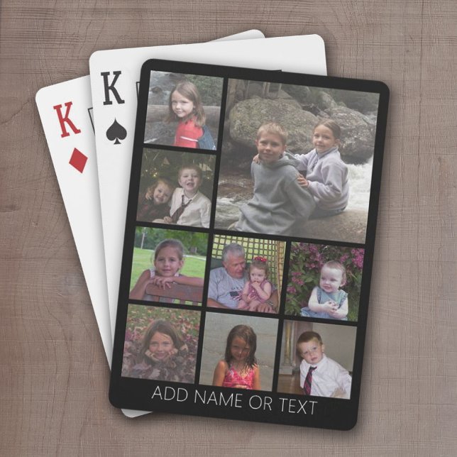 Svart 9-foto-kvadratisk kollage, vanlig vit text casinokort (9 Photo playing cards -- personalize with your name)