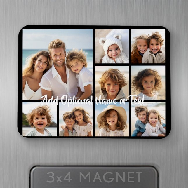 Svart 9-fotofyrkantsfärgning - med skript vitt magnet (Personalized fridge magnet - add photos and custom text)