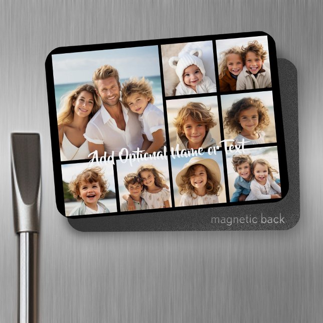 Svart 9-fotofyrkantsfärgning - med skript vitt magnet (Personalized fridge magnet - add photos and custom text)