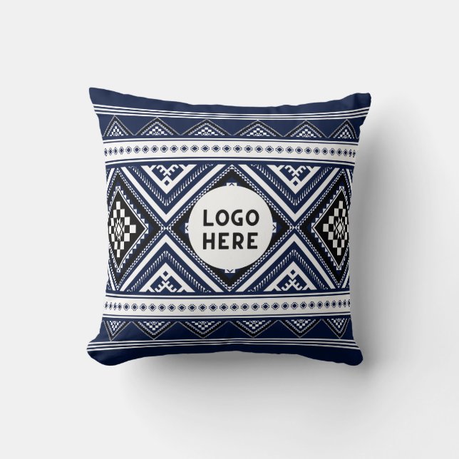 Svart Abstrakt Etnisk Geometrisk Mönster med Logo Kudde (Framsida)