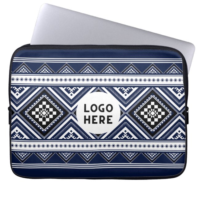Svart Abstrakt Etnisk Geometrisk Mönster med Logo Laptop Fodral (Framsidan)