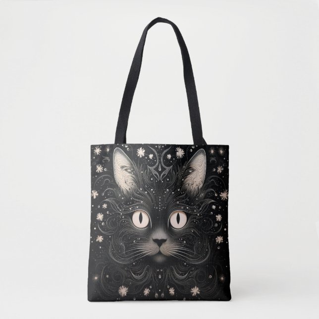 Svart Abstrakt Modern Cat Graphic Tote Tygkasse (Framsida)