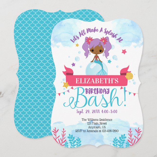 Svart afrikansk Sjöjungfru, födelsedagsinbjudan Inbjudningar (Fram/baksida)