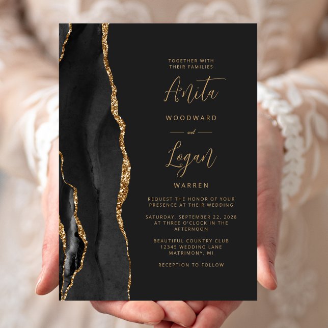 Svart Agat Elegant Guld Skrift Bröllop Inbjudningar (Skapare uppladdad)