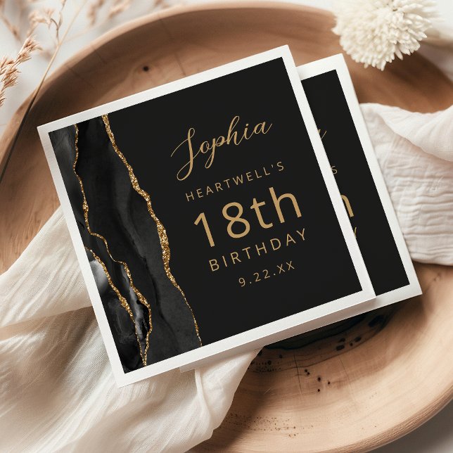 Svart Agat Guld Skrift Mörk 18-årsdag Pappersservett (Skapare uppladdad)