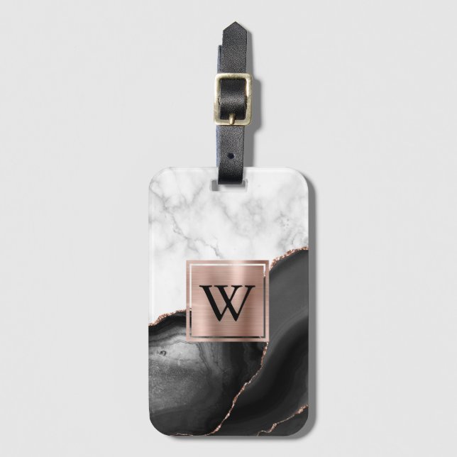 Svart Agat Roséguld Vit Marmor Monogram Bagagebricka (Framsida vertikal)