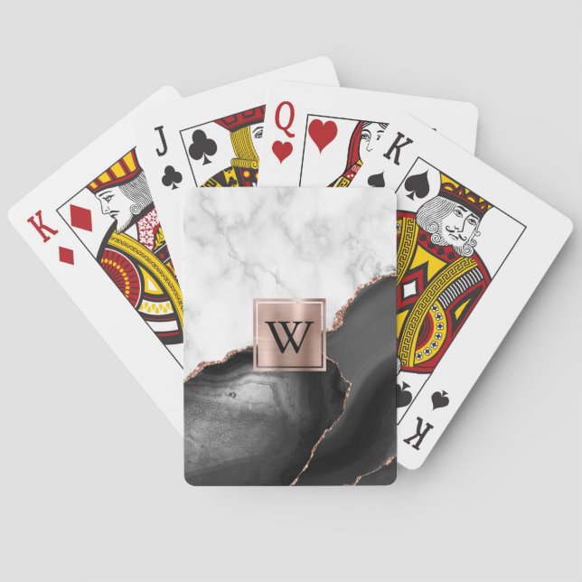 Svart Agat Roséguld Vit Marmor Monogram Casinokort (Baksidan)