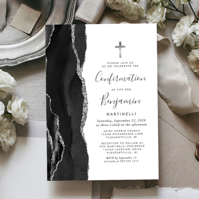 Svart Agat Silverglitter Konfirmation Inbjudningar (Skapare uppladdad)