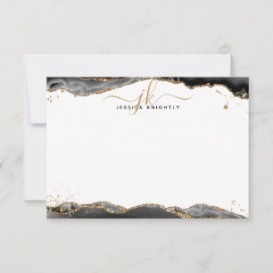 Svart agate Geode-skript Monogram Guld Glitter Not Anteckningskort