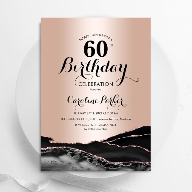 Svart Agate Marble 60 Birthday, ro Guld Inbjudningar (Skapare uppladdad)