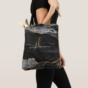 Svart Agate-skript Monogram Guld Glitter Tygkasse