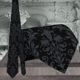 Svart Akantus Blommig Damast Bröllop Slips