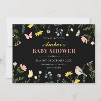 Svart akvarell blommande vår baby shower inbjudningar