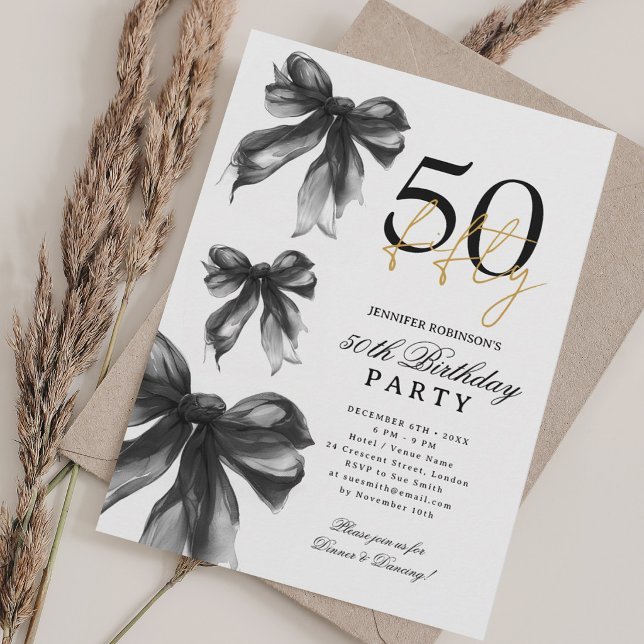 Svart akvarell Coquette Bow 50-årsfest Inbjudningar (Black Watercolor Coquette Bow 50th Birthday Party Invitation)