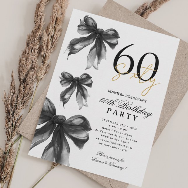 Svart akvarell Coquette Bow 60-årsfest Inbjudningar (Black Watercolor Coquette Bow 60th Birthday Party Invitation)