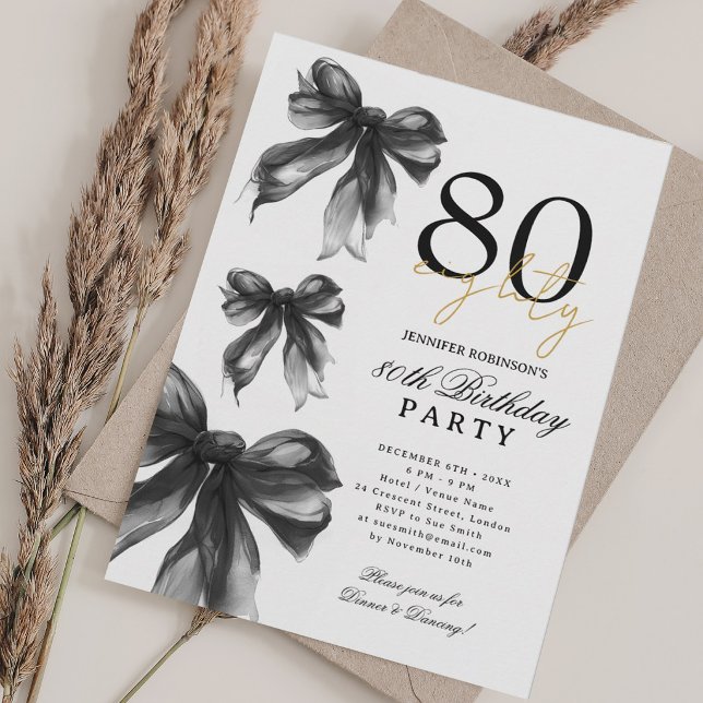 Svart akvarell Coquette Bow 80-årsfest Inbjudningar (Black Watercolor Coquette Bow 80th Birthday Party Invitation)
