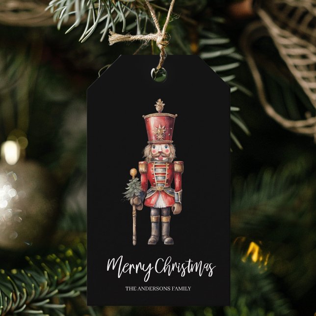 Svart akvarell nötknäppare julpresent  presentetikett (Skapare uppladdad)