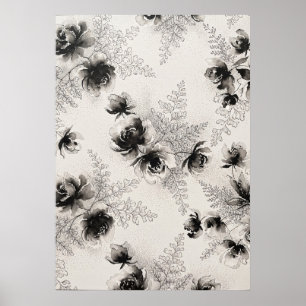 Svart akvarell Peony Fern Blommönster Affisch