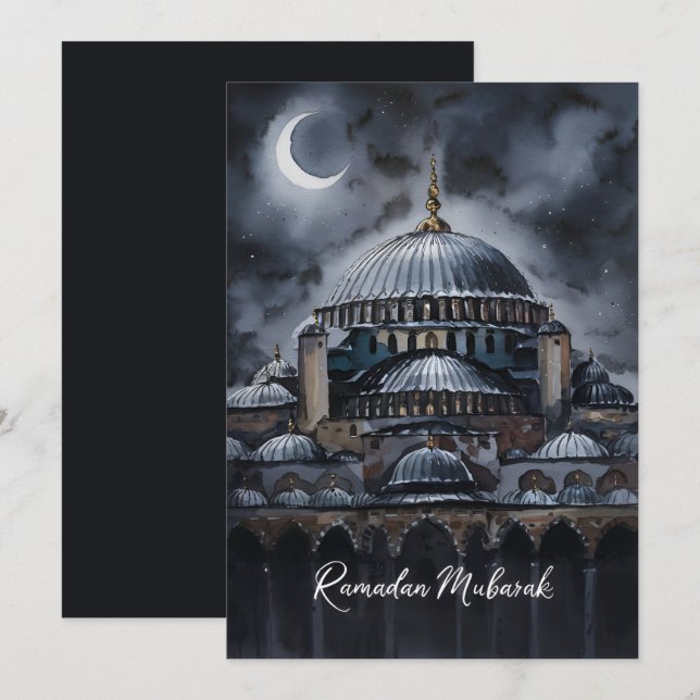 Svart akvarell Ramadan Mubarak moské mån himmel Julkort (Fram/baksida)