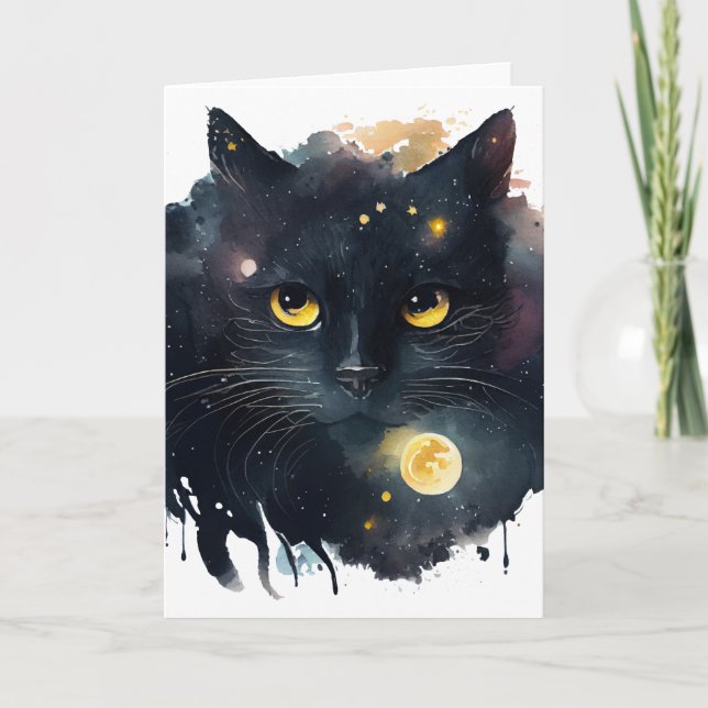 Svart akvariefärg Kosmisk katt med gula ögon Kort (Framsida)