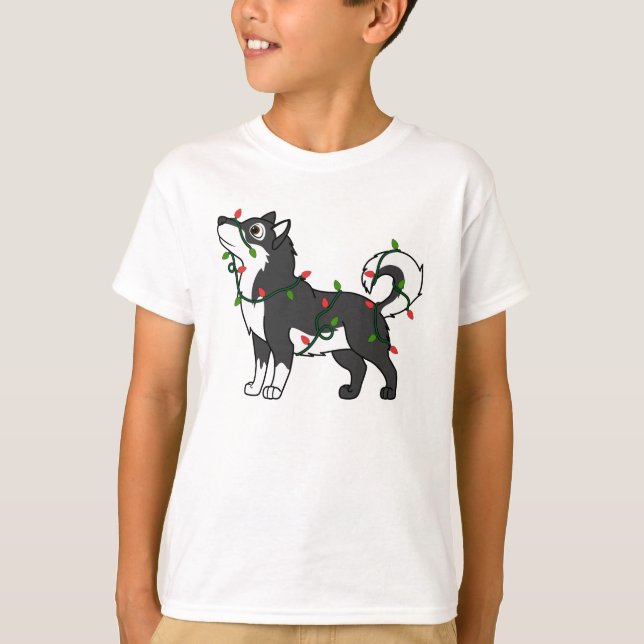 Svart alaskabo Malamute med julljus T-shirt (Framsida)