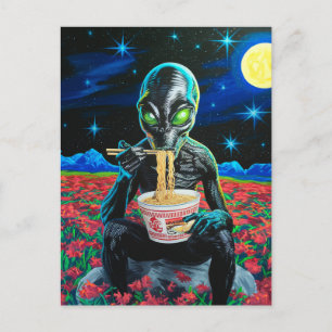 Svart Alien Grönt Ögon Eating Noodles in Flowers Vykort