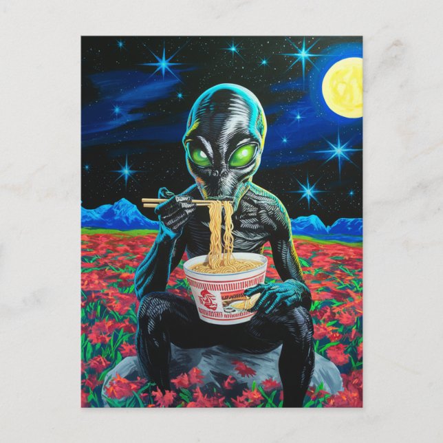 Svart Alien Grönt Ögon Eating Noodles in Flowers Vykort (Framsida)
