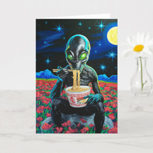Svart Alien Grönt Ögon Eating Noodles Tillfällen Kort