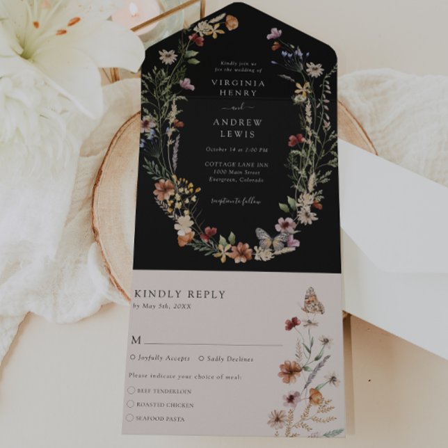 Svart All in One Bröllopsinbjudan (Black Boho Floral All in One Wedding Invite with Butterfly by Painted Paperie
)
