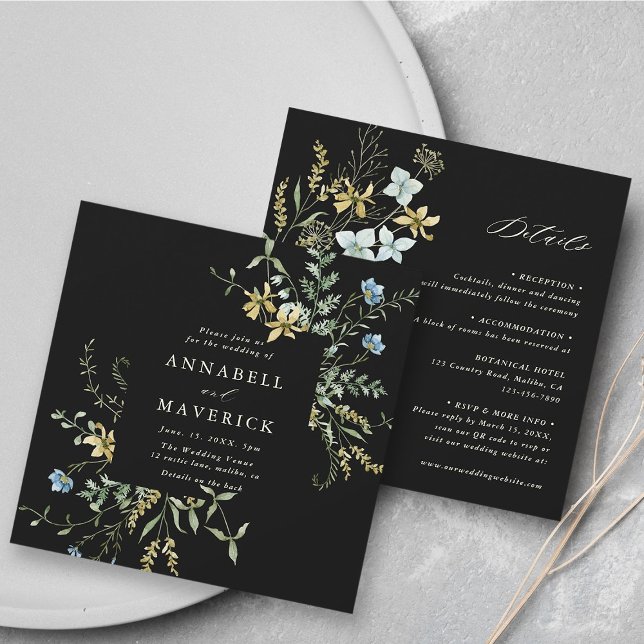 Svart allt i ett känsligt Wildblomma Boho Bröllop Inbjudningar (Front & Back)