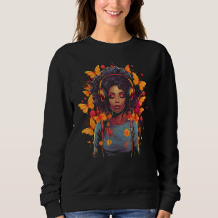 Svart amerikansk kvinna flicka med hörlurar t shirt