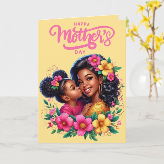 Svart amerikansk mamma och dotter Glad mors dag Kort (Gul blomma)