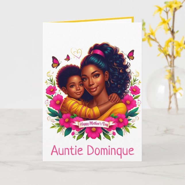 Svart amerikansk mamma och son Glad mors dag Kort (Gul blomma)