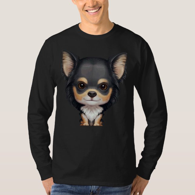 Svart &amp Tan Long-parad Chihuahua T Shirt (Framsida)