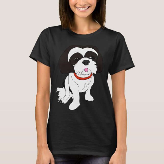 Svart &amp White Shih Tzu T Shirt (Framsida)