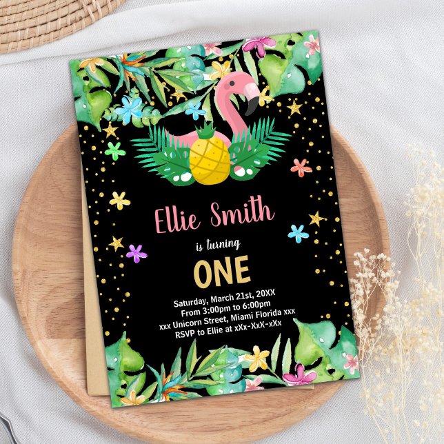 Svart ananas Flamingo-födelsedagsinbjudan Inbjudningar (Black Pineapple Flamingo Birthday Invitations)