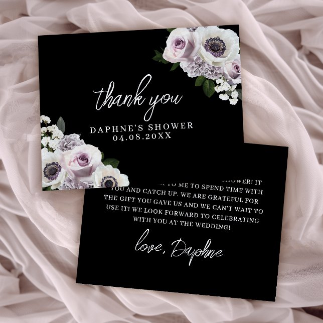 Svart Anemon och Purpurfärgade Bröllopsdusch Flat Tack Kort (Skapare uppladdad)