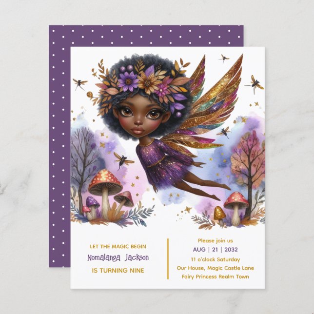 Svart Änglatrolldomsfödelsedagsfest med lila och g (Fram/baksida)