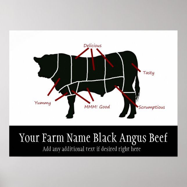 Svart Angus Beef Farm Funny Butcher Cuts Poster (Framsidan)