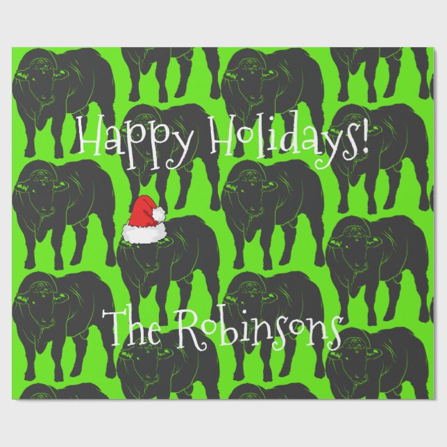 Svart Angus tjurar & röd Santa hattjul Presentpapper (Platt)